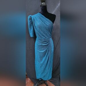SHEIN One-Shoulder Shimmering Teal Dress